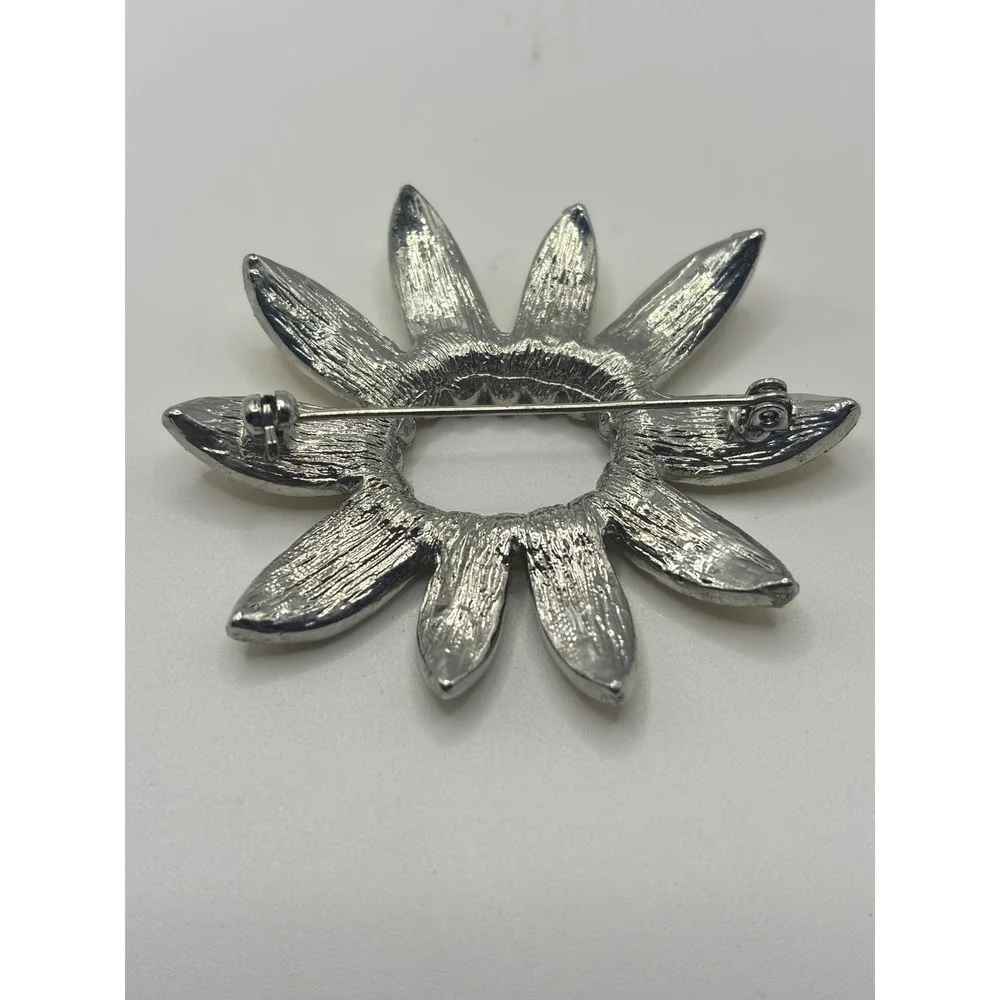 Vintage Yellow Enamel Sunflower Brooch Amber Rhinestone Glitter‎ Floral Pin